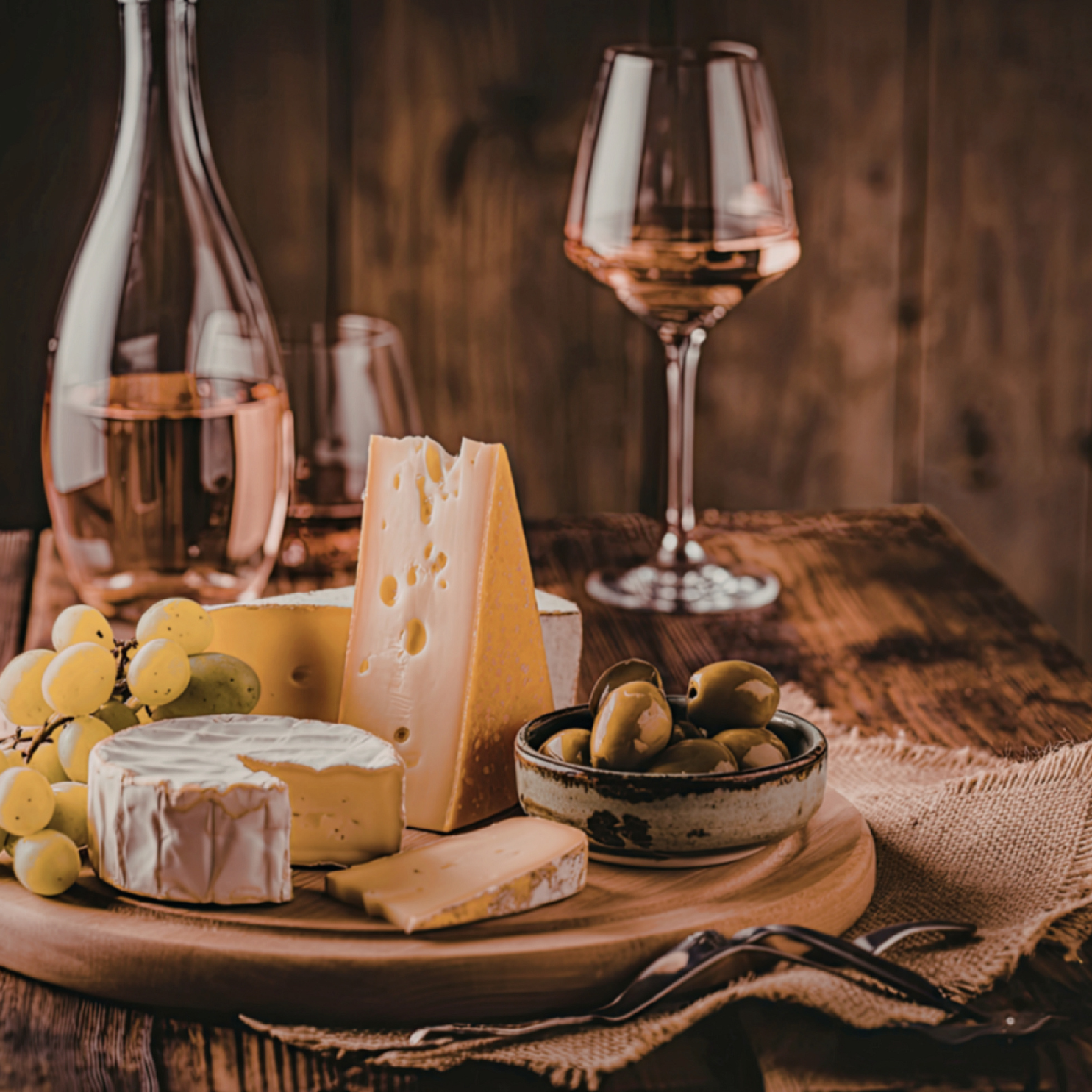 Cheeses, olives and a glass of rosé arranged on a rustic wooden board.