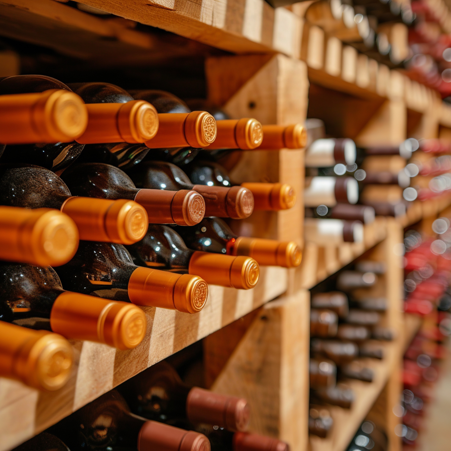 Wine bottles laid on their sides in a wooden cellar rack, aged capsules catching the light.