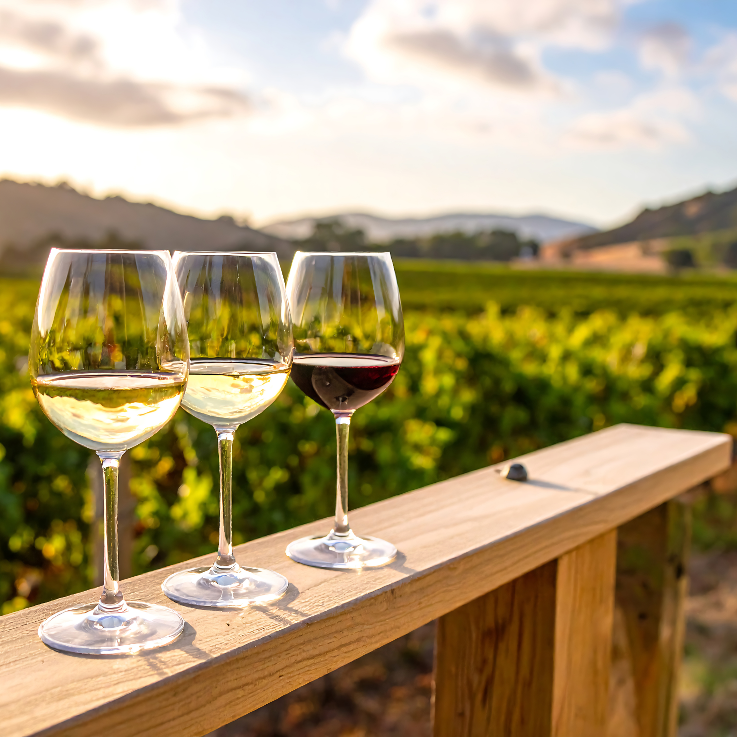 Three glasses of wine on a rail overlooking a vineyard at sunset.